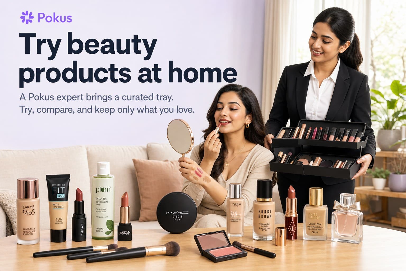 Try beauty products at home — a customer tries a lipstick shade while a suited Pokus expert presents a curated tray